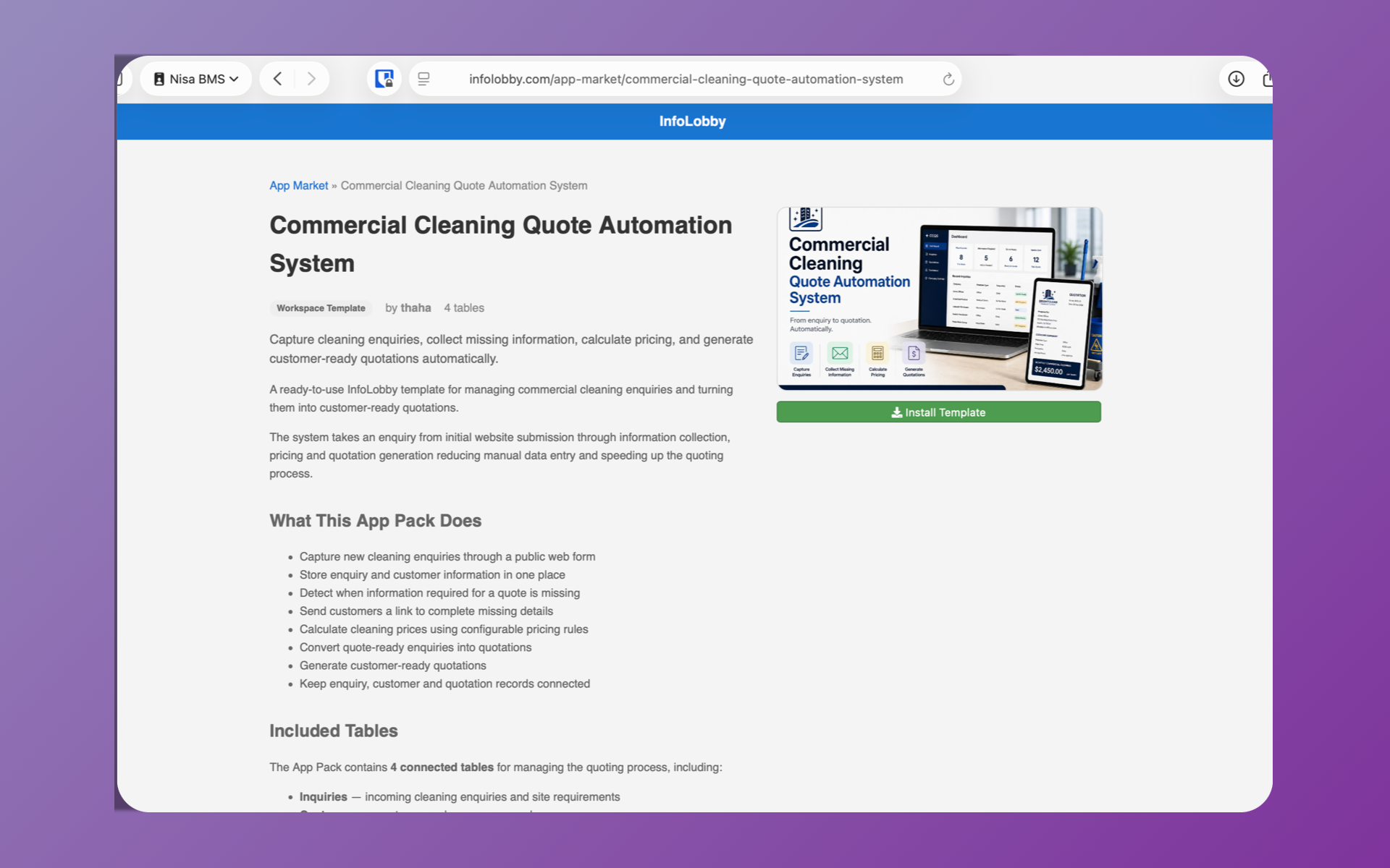 The Commercial Cleaning Quote Automation System listing in the InfoLobby App Market, showing what the pack does and the tables it includes