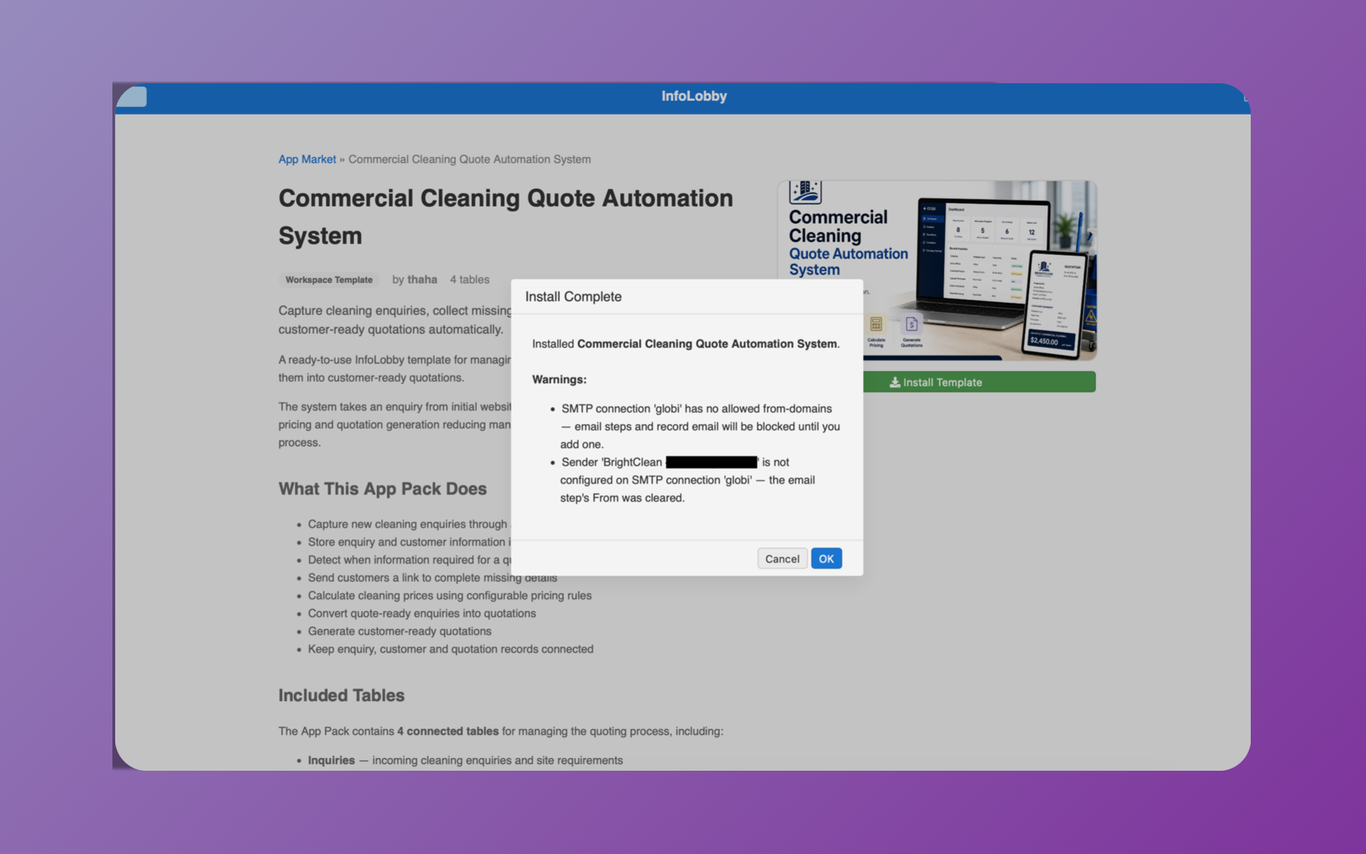 The Install Complete dialog listing two warnings: the chosen SMTP connection has no allowed from-domains, and the original sender was not configured on it so the email step's From was cleared