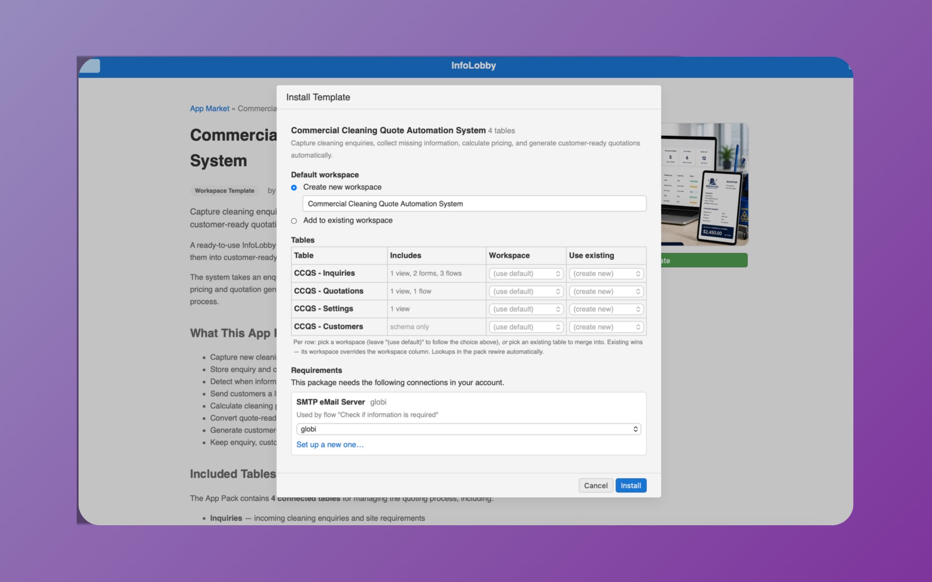 The same installer after an SMTP connection exists in the account, with the requirement now resolved to a selectable connection and the Install button enabled