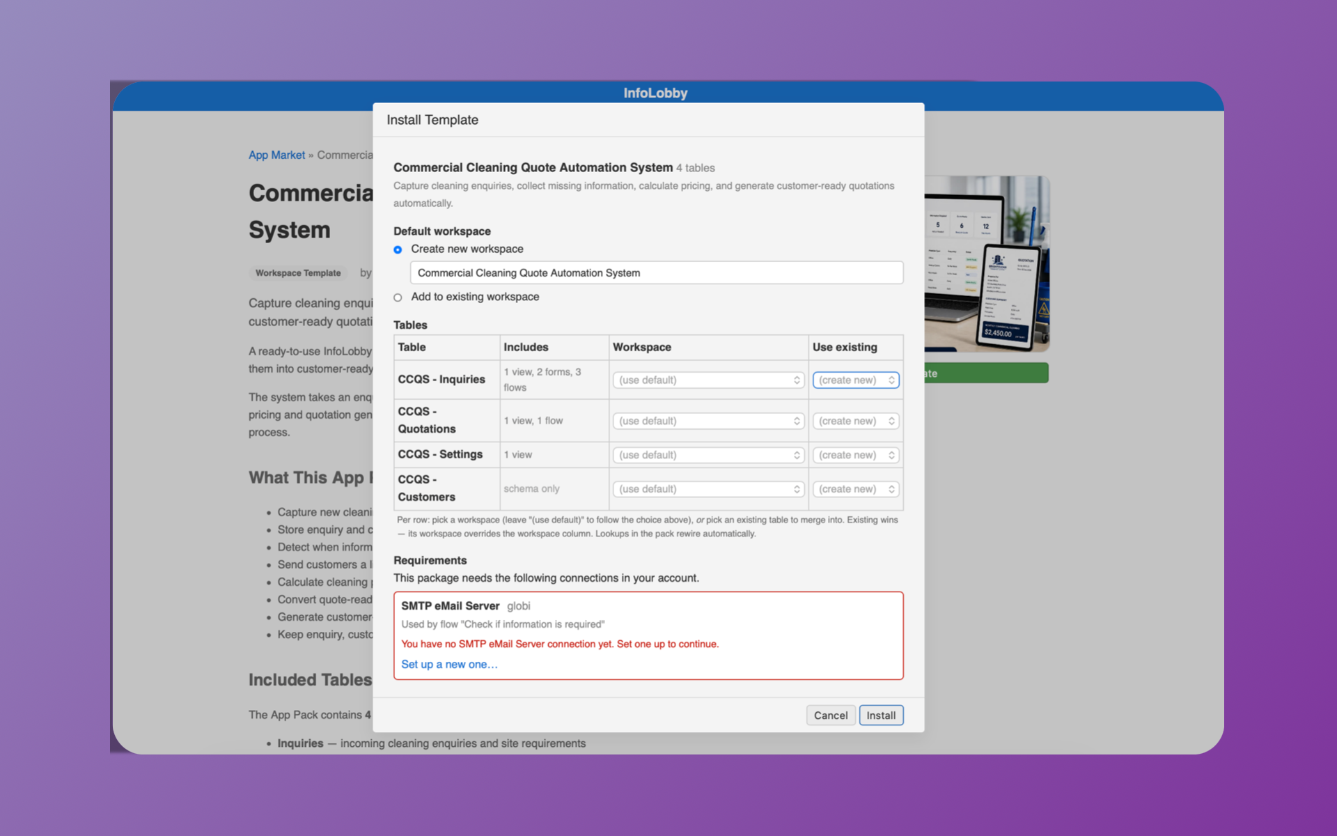 The installer listing the pack's four tables and, below them, a Requirements section flagging a missing SMTP eMail Server connection