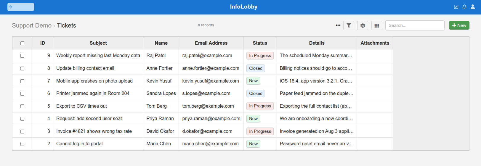 A Tickets table in InfoLobby showing support tickets with subject, name, email address and status