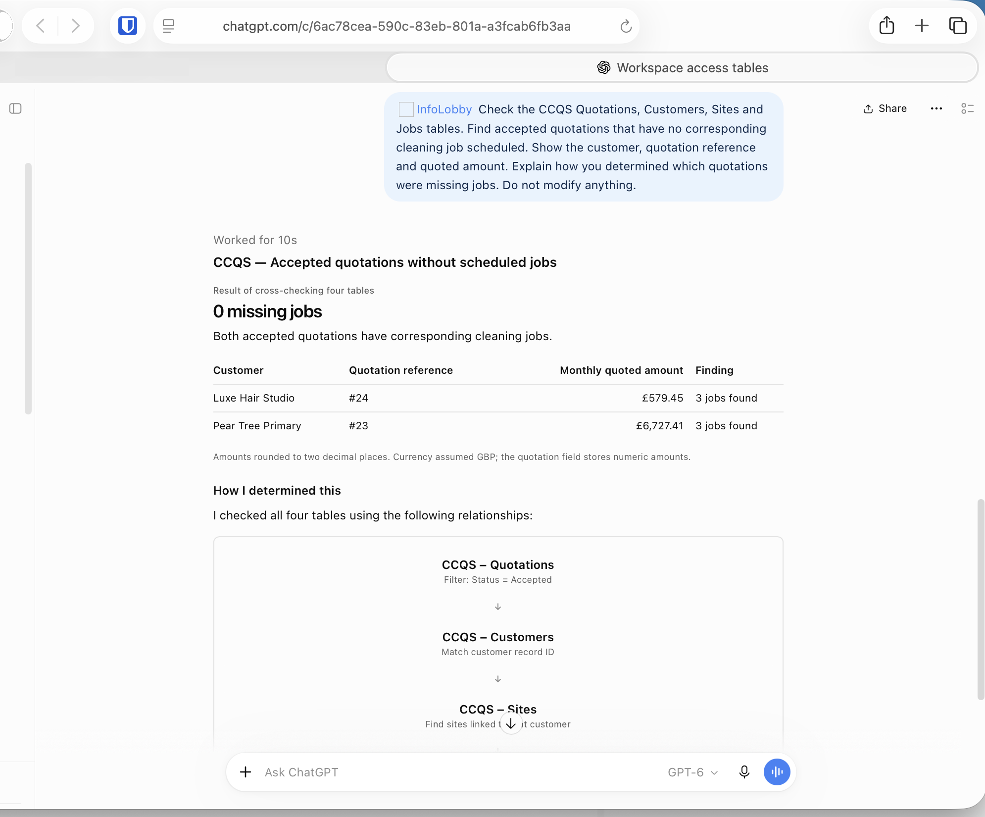 ChatGPT cross-checking accepted quotations against scheduled jobs across four tables