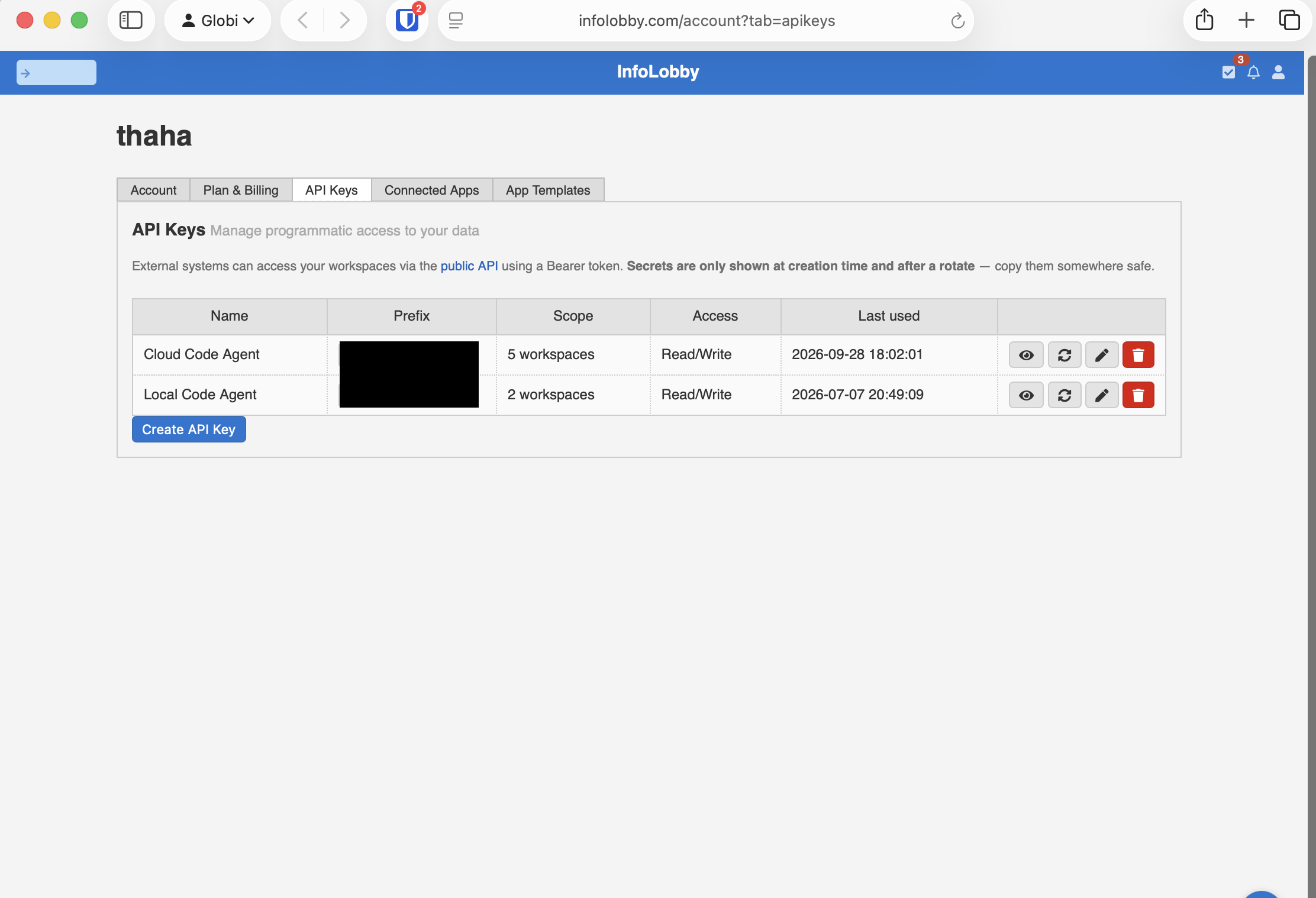 InfoLobby API Keys tab showing two keys with their workspace scope and access level
