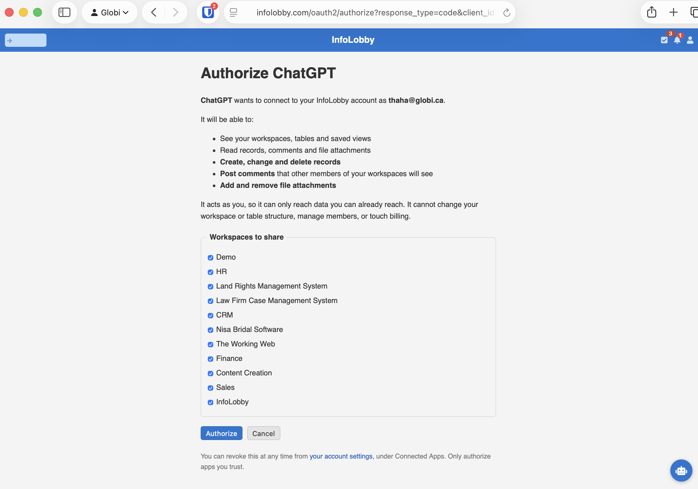 InfoLobby authorization screen listing what ChatGPT will be able to do and the workspaces to share
