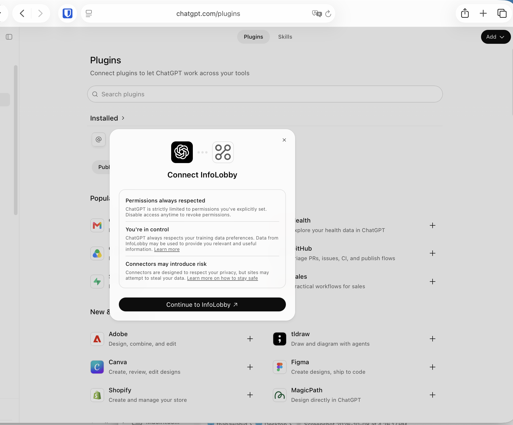 ChatGPT prompting to continue to InfoLobby to connect the account