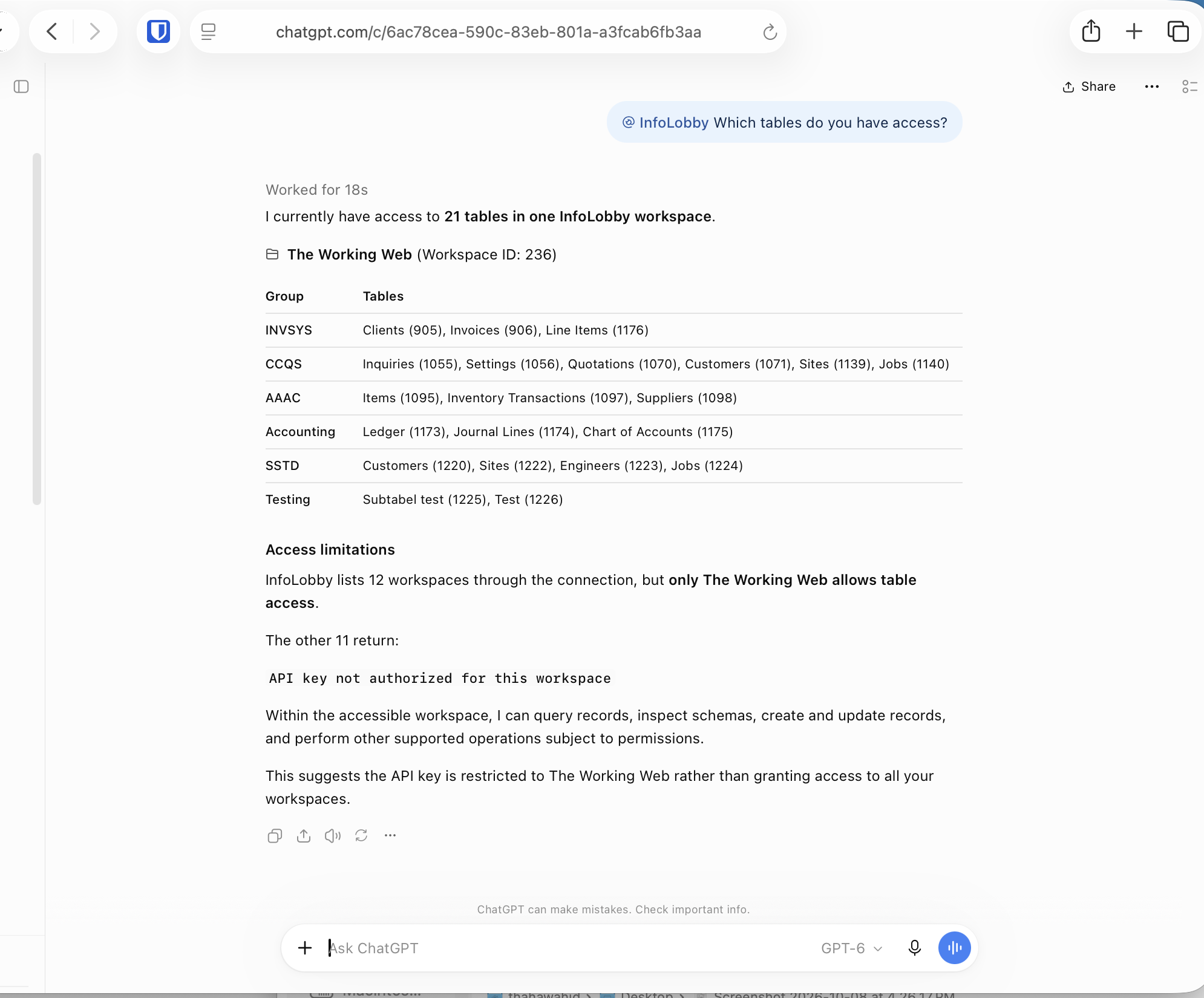 ChatGPT listing the InfoLobby tables it can access, grouped by system