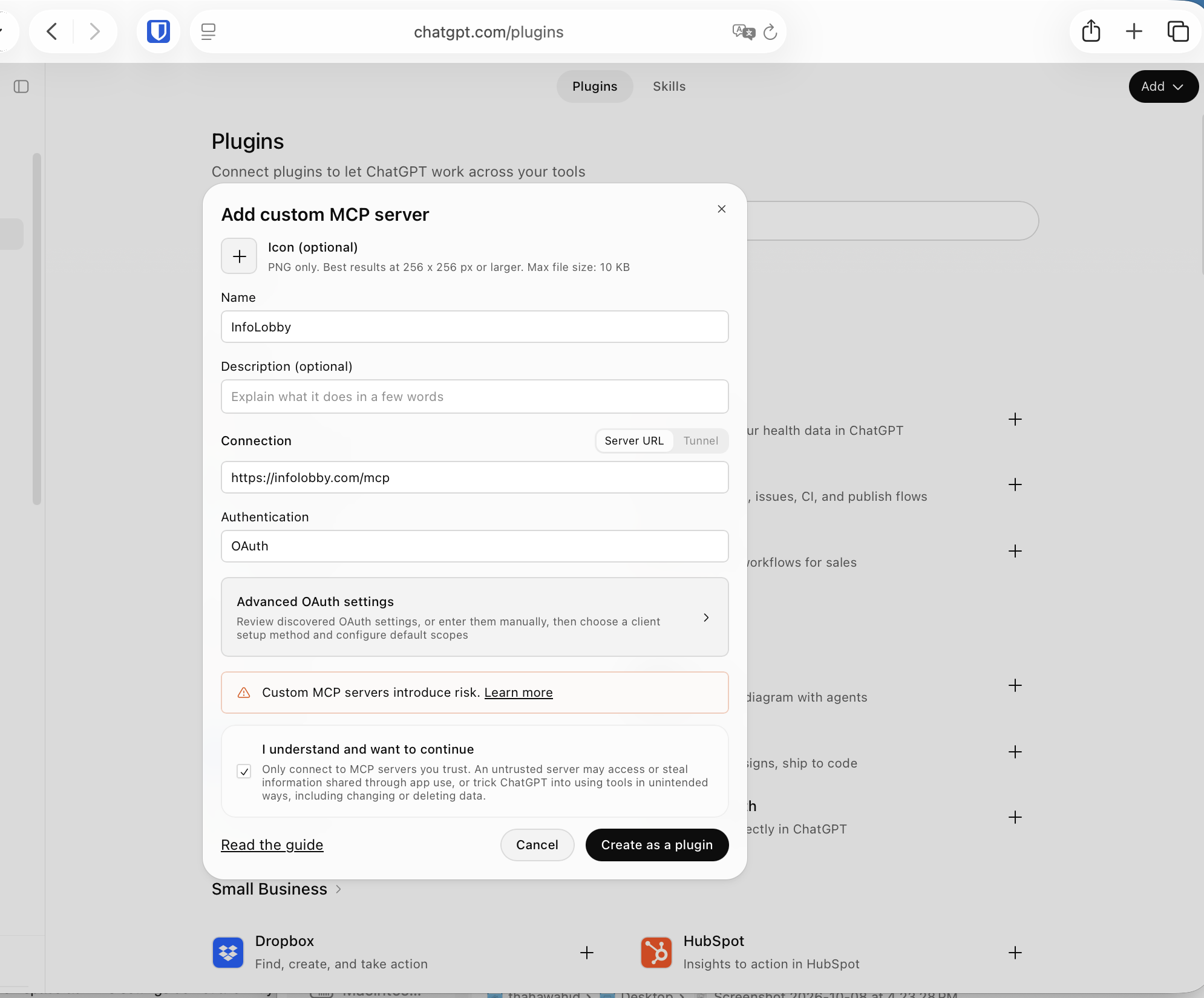 ChatGPT custom MCP server form filled in with the InfoLobby server URL and OAuth authentication