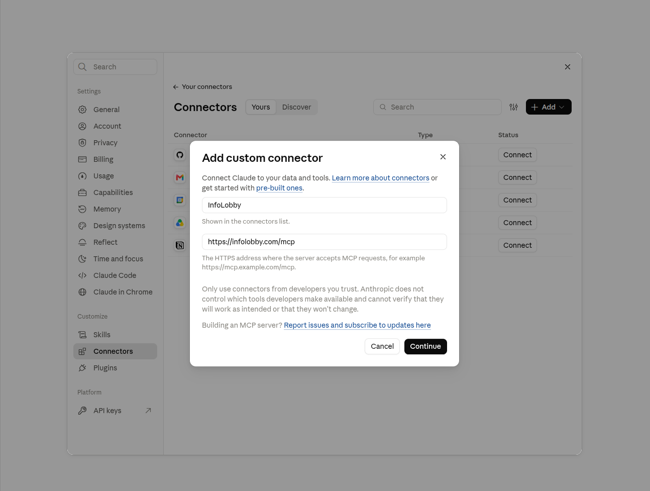 Adding InfoLobby as a custom connector in Claude