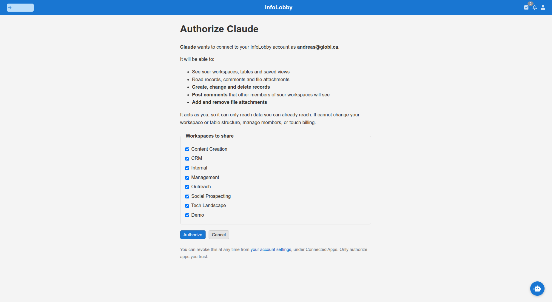Authorizing Claude to access InfoLobby workspaces