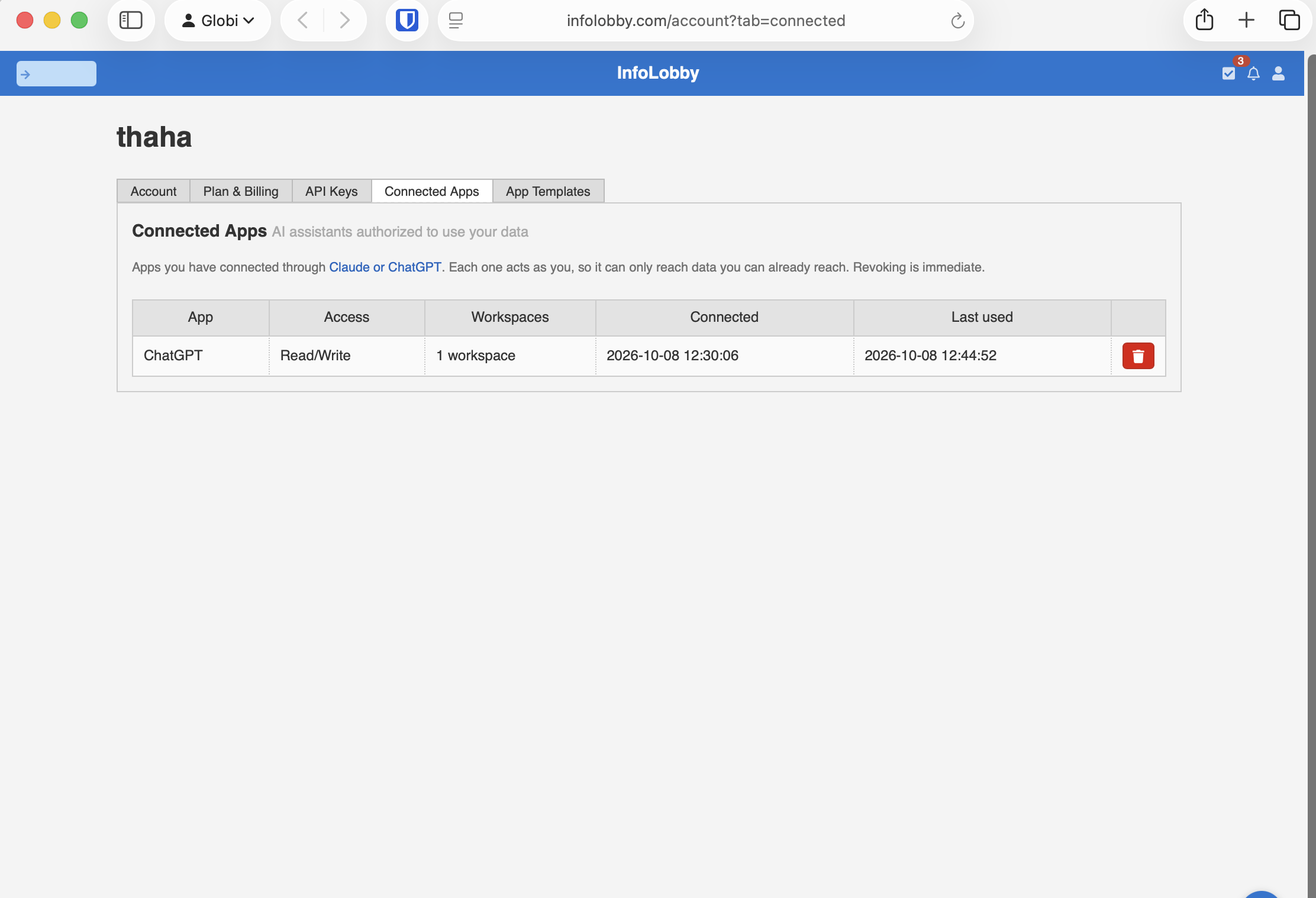 InfoLobby Connected Apps tab showing ChatGPT with read/write access to one workspace