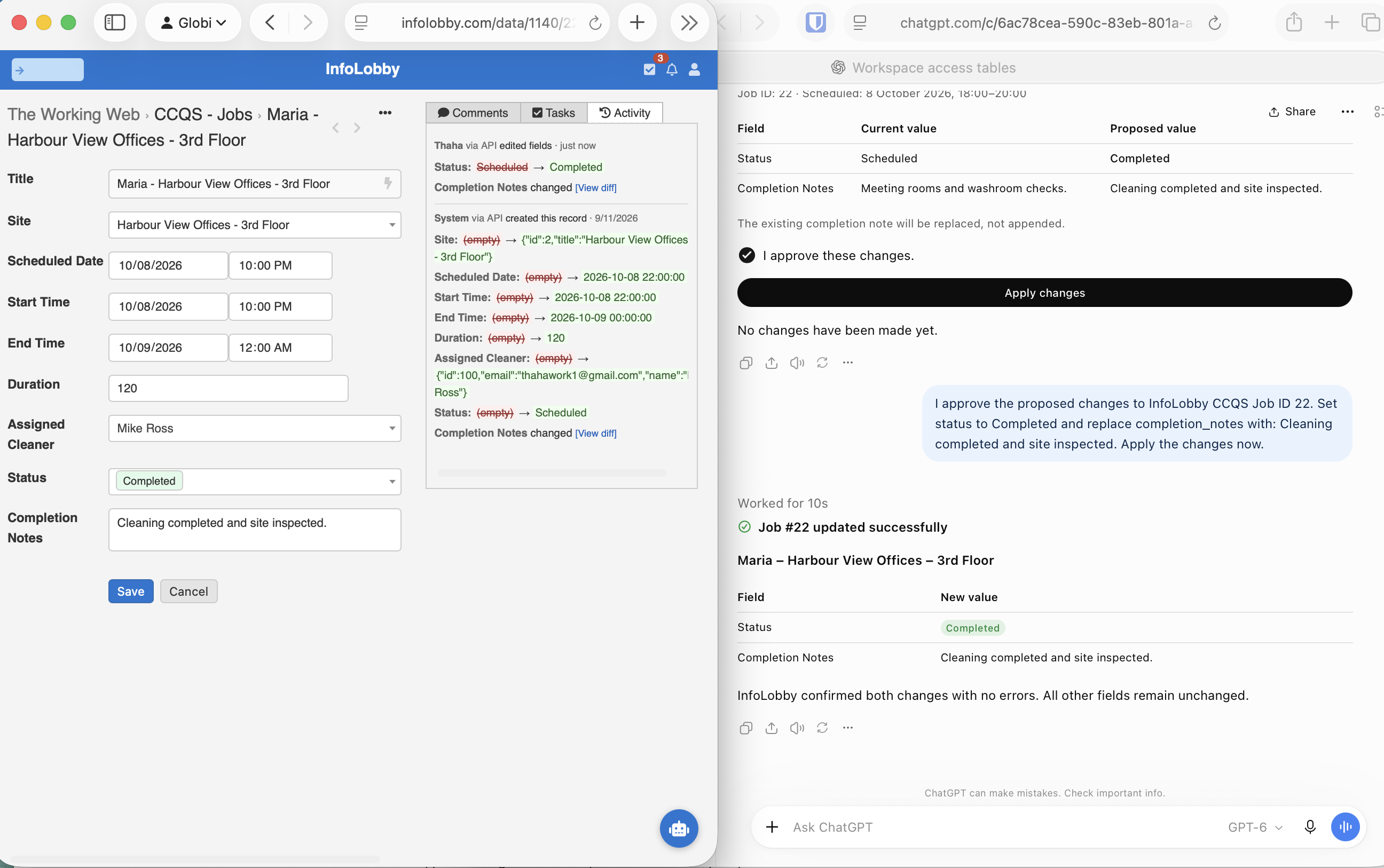 The updated job record in InfoLobby with its activity history showing the change