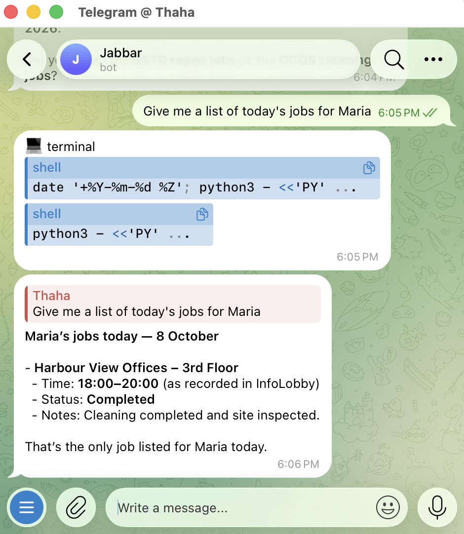 A Telegram conversation where the agent lists Maria's jobs for the day from InfoLobby
