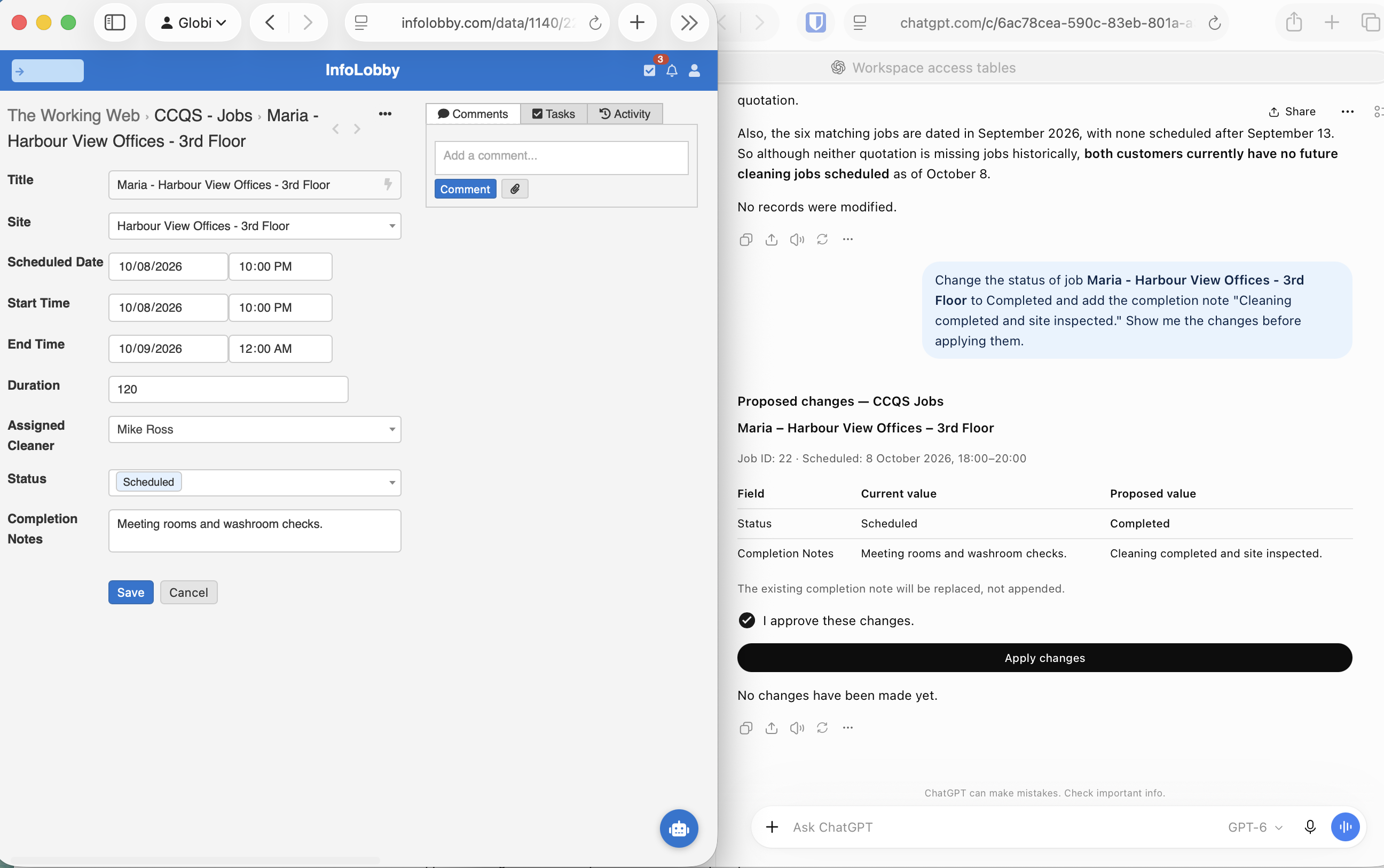 ChatGPT showing the proposed status and completion note changes before applying them