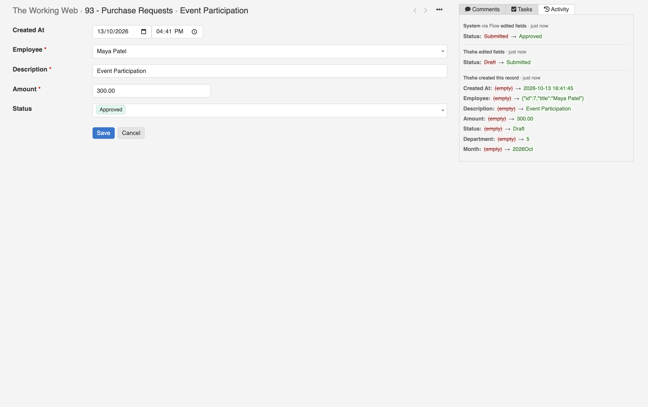 Activity history on a £300 purchase request showing Draft, then Submitted, then Approved