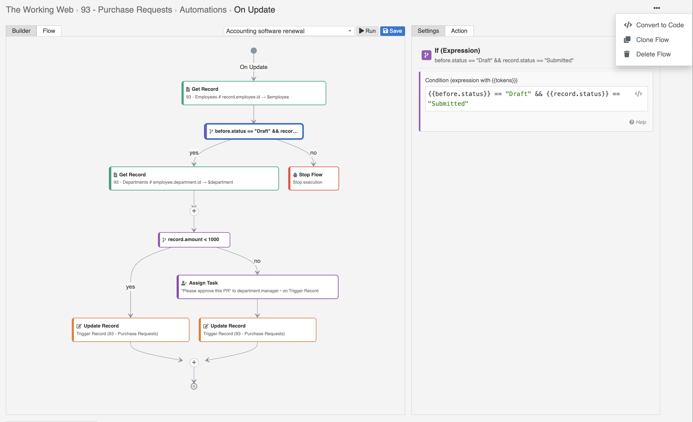The flow editor's three-dot menu with the Convert to Code option