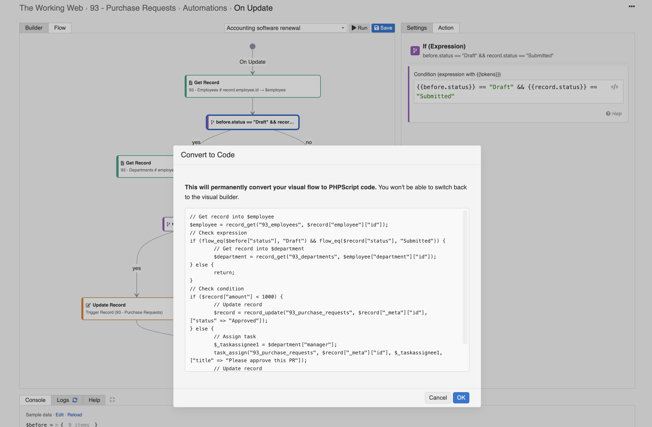 The Convert to Code confirmation dialog previewing the generated PHPScript