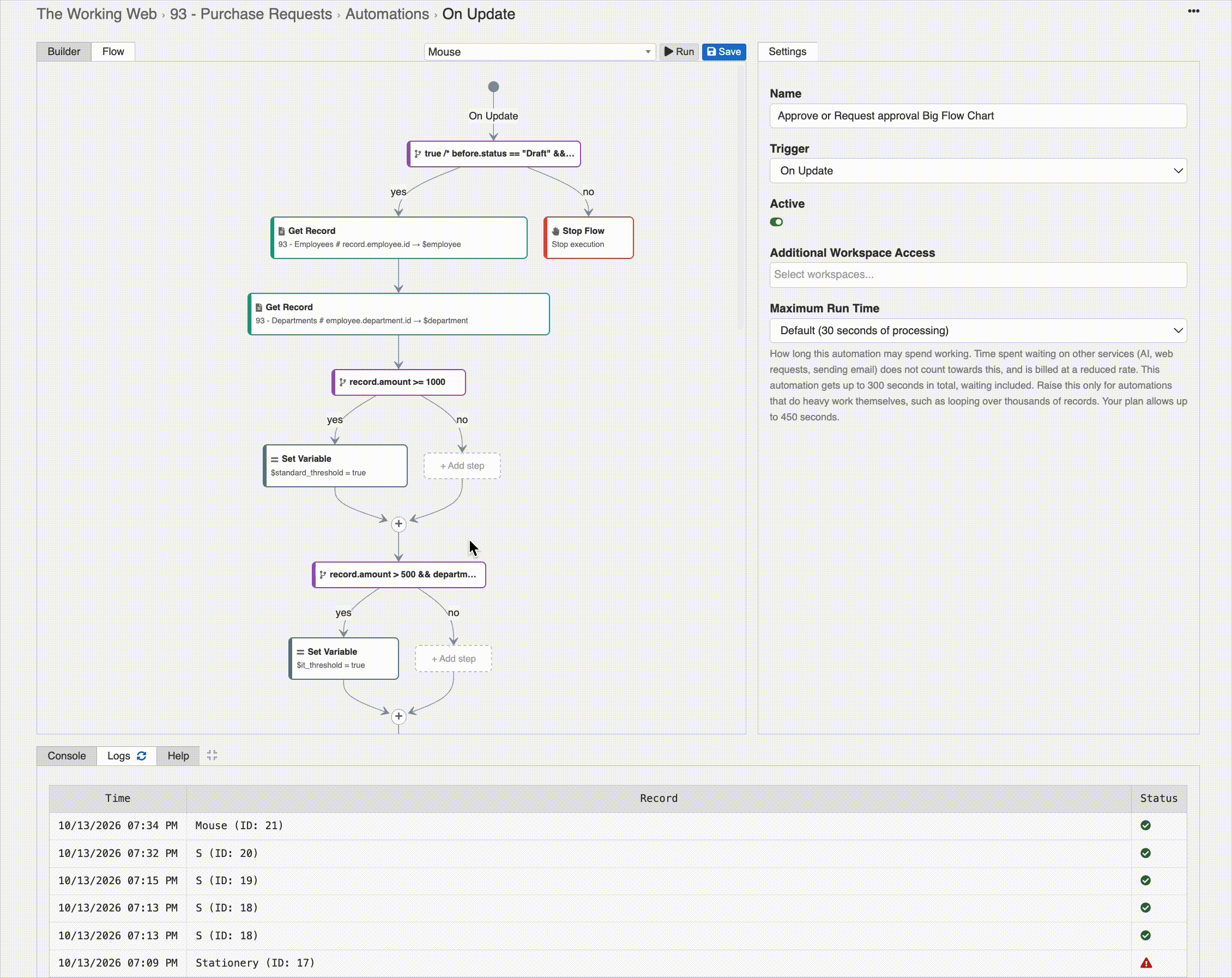 Scrolling through the extended visual flow: many more conditions, variables, record queries and branches