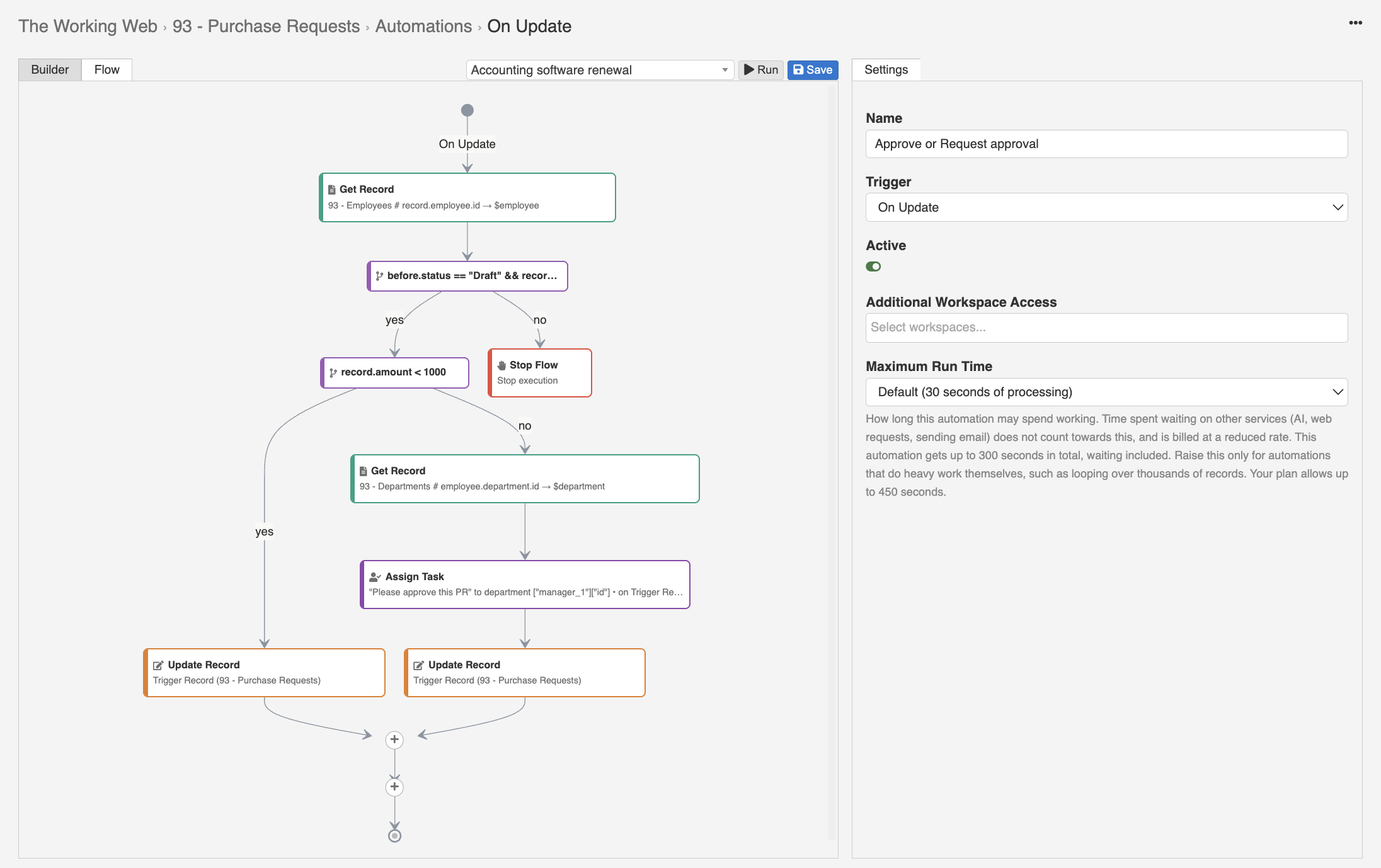 The Approve or Request Approval flow built from visual bricks: get employee, check the status transition, then approve or assign a task to the department manager