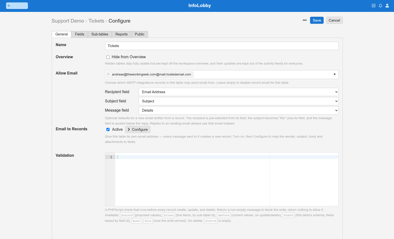The table configuration General tab with Allow Email switched on and an SMTP integration selected