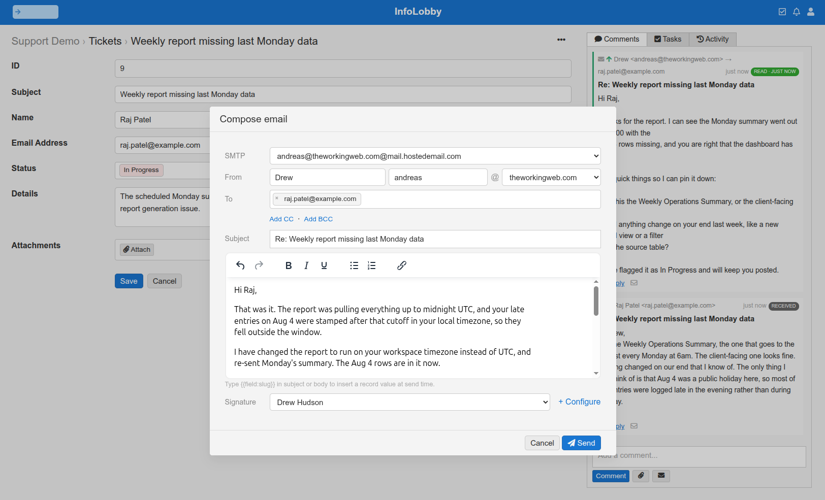 The compose email window on a ticket, prefilled with the recipient and a Re: subject line