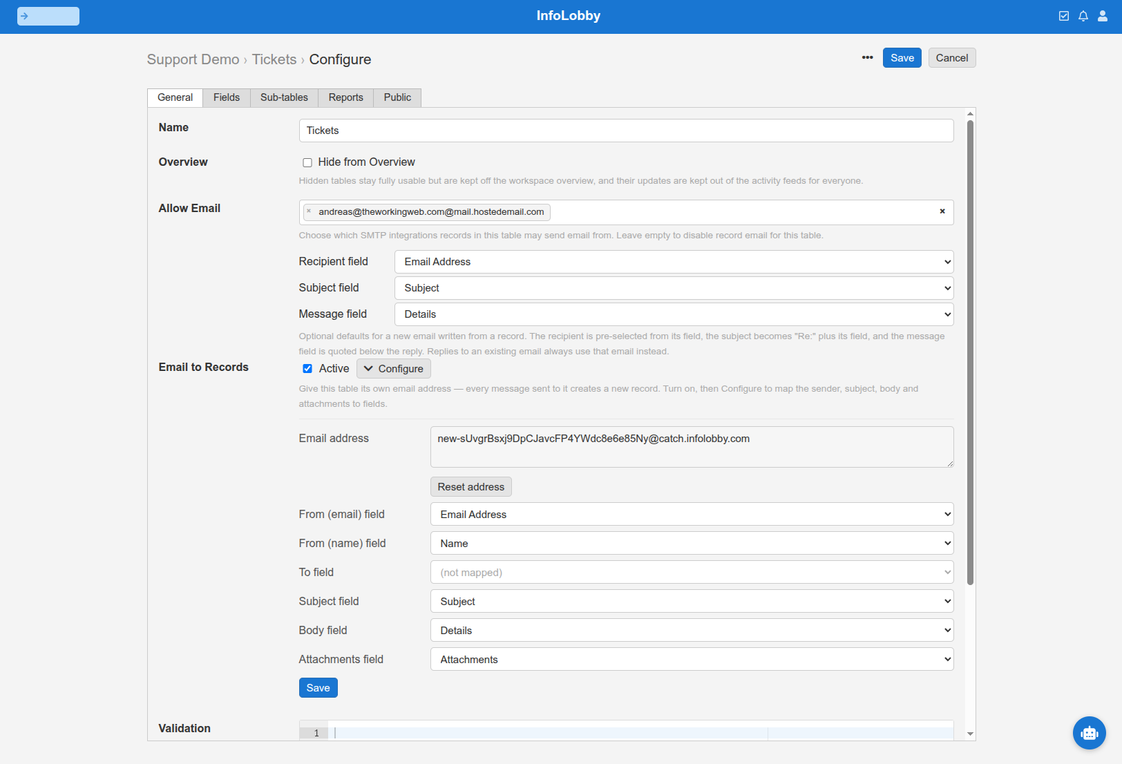 The Email to Records panel with the email parts mapped to ticket fields and the inbound address shown