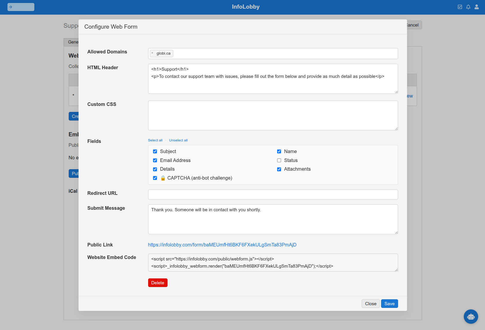 The web form configuration screen with fields selected, a CAPTCHA enabled and a submit message