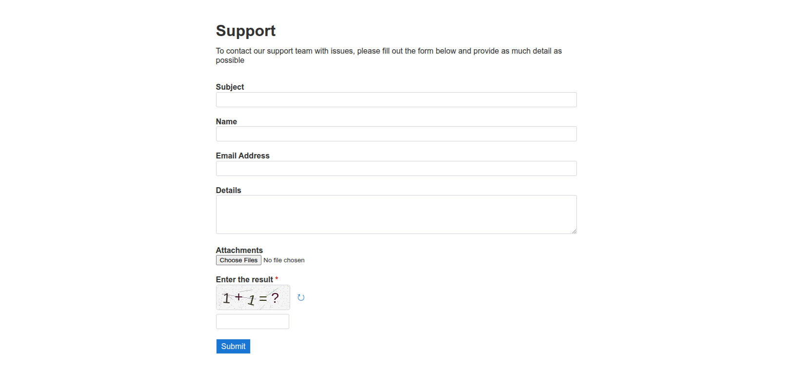 The published support form as a visitor sees it, with subject, name, email, details, attachments and a CAPTCHA