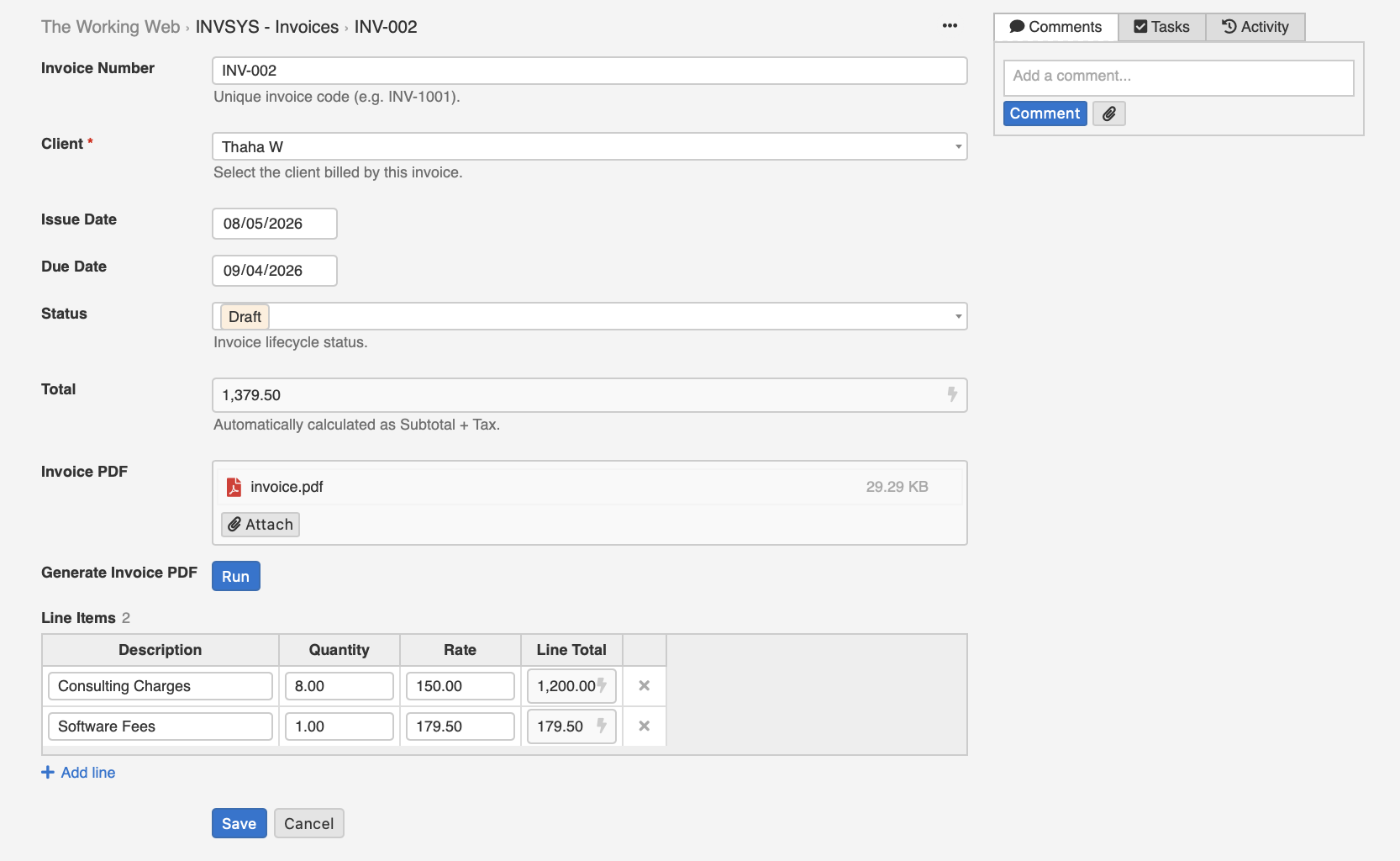 An invoice record in InfoLobby with its line items edited inline on the same record as the invoice number, client, dates, status and total
