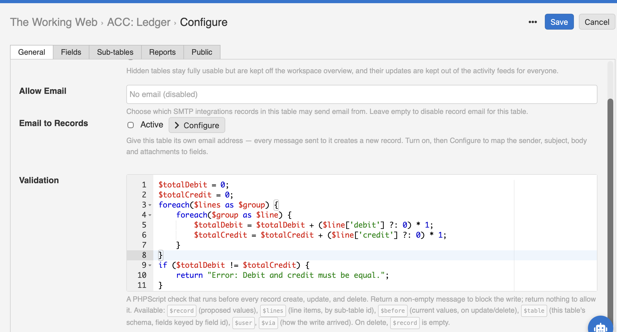 The table configuration screen in InfoLobby showing an eleven line PHPScript validation rule that totals the debit and credit columns across every line and returns an error when they do not match