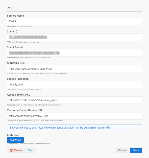 The oAuth2 API integration configuration in InfoLobby for the Reddit API