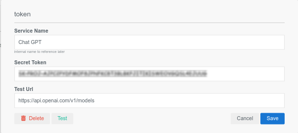 The Bearer Token API integration configuration in InfoLobby for the OpenAI API