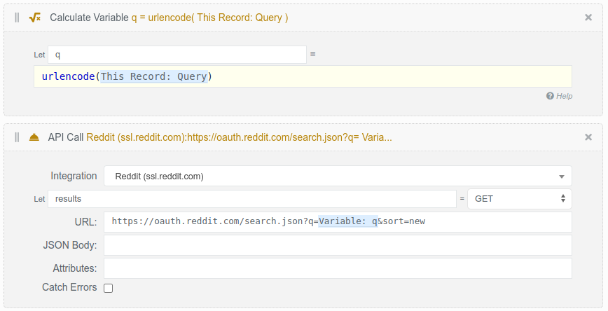 A flow brick calling the Reddit search API with the query from the current record
