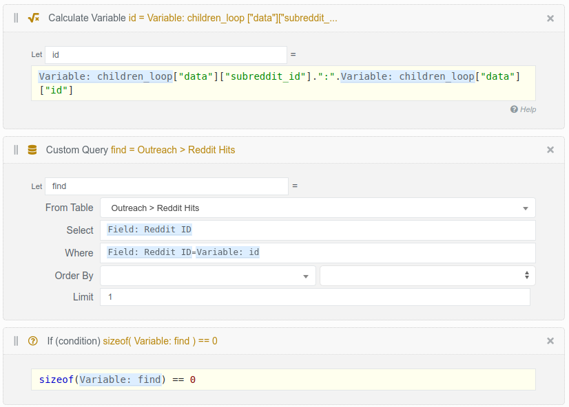 Flow bricks calculating a composite Reddit ID and searching the Reddit Hits table for an existing match