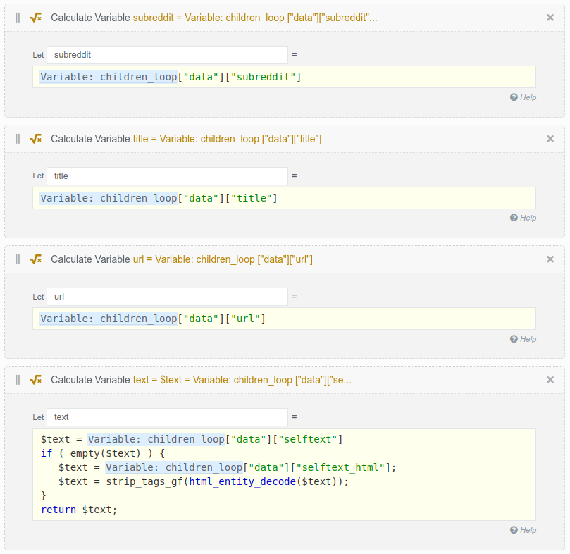 Flow bricks extracting the title, subreddit, url, created date and post body from the Reddit result
