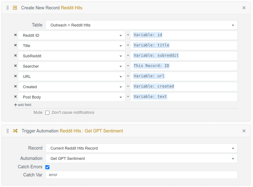 A Create New Record brick mapping the extracted variables onto Reddit Hits fields, followed by a Trigger Automation brick