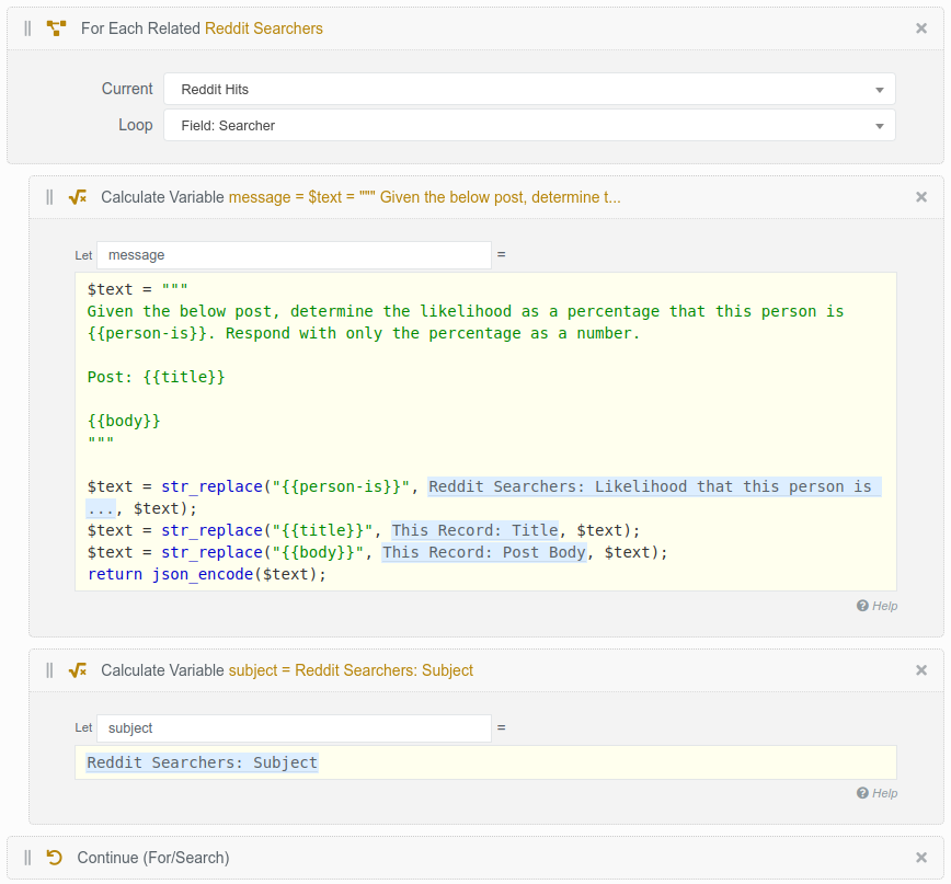 A flow loop over the linked Searcher record building the user message from the post body and likelihood criteria
