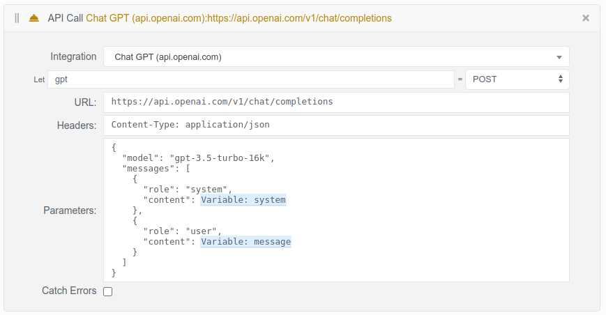 An API request brick posting the system and user messages to the OpenAI chat completions endpoint
