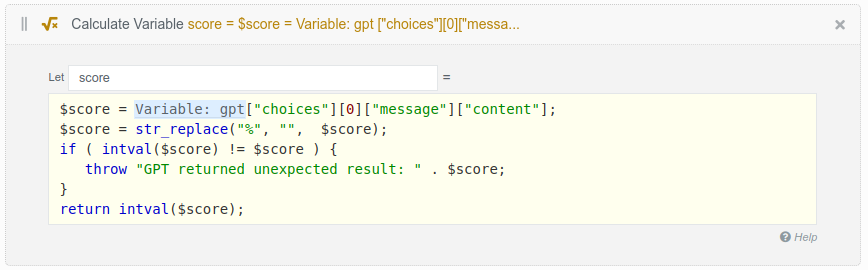 A Calculate Variable brick stripping the percent sign and converting the reply into a number