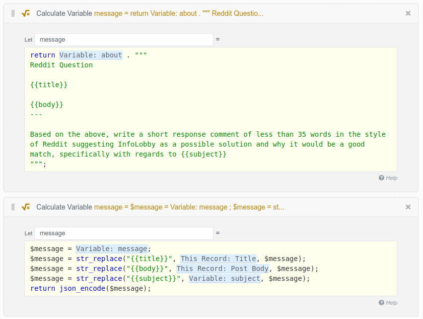 A Calculate Variable brick building the comment prompt from the post body and the about variable