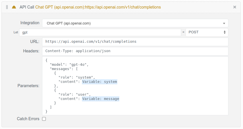 A second API request brick asking OpenAI to draft a reply comment