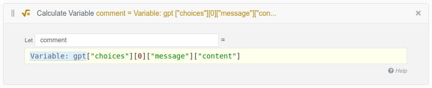 A Calculate Variable brick pulling the comment text out of the OpenAI JSON response
