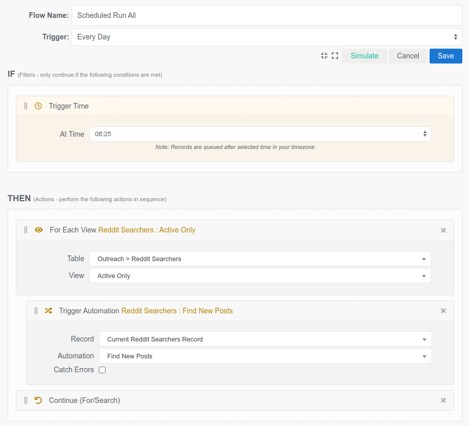 A scheduled flow that runs daily and processes every active searcher record