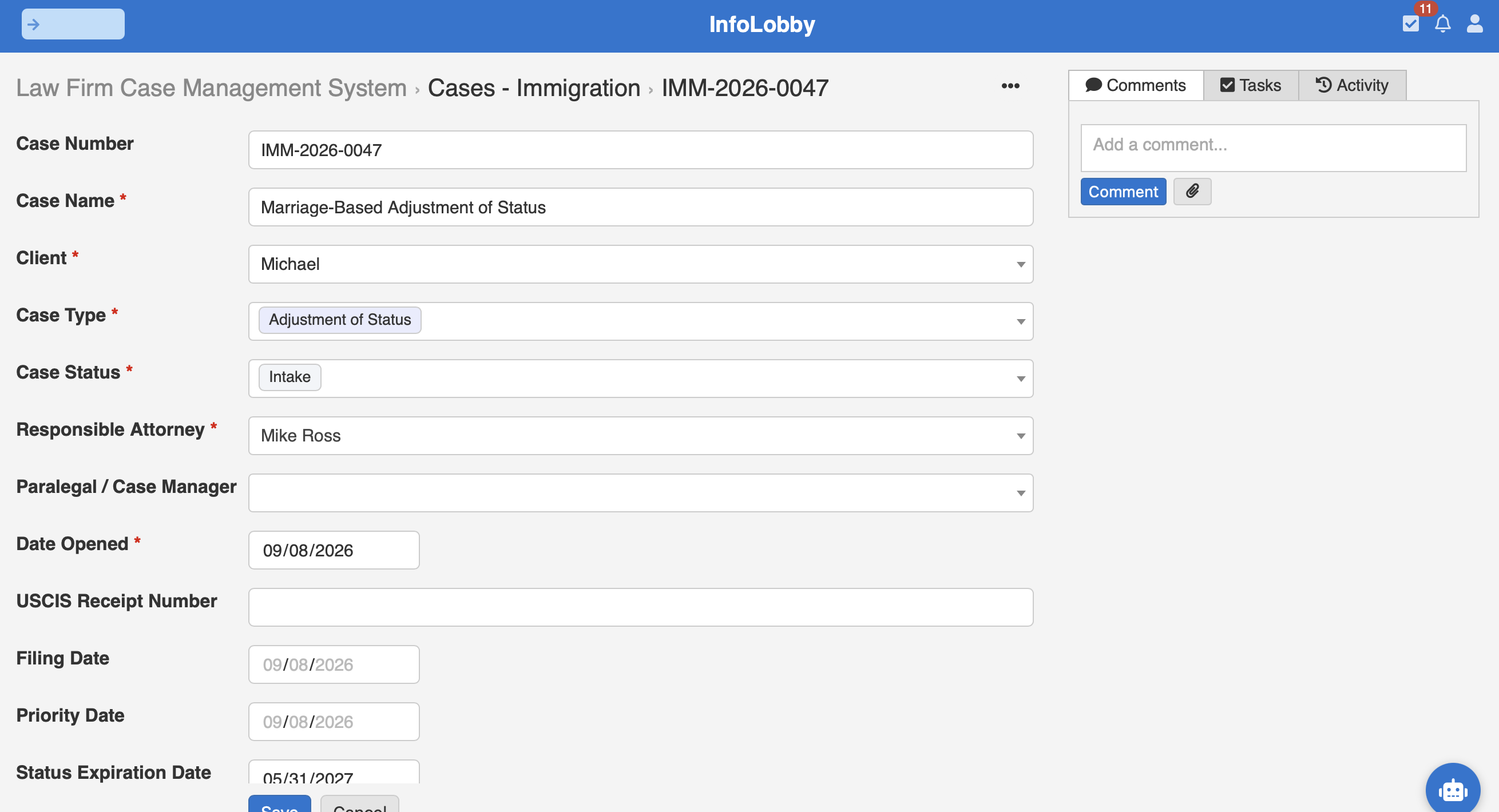 An immigration case record in InfoLobby showing case number, case name, client, case type, case status, responsible attorney and key dates