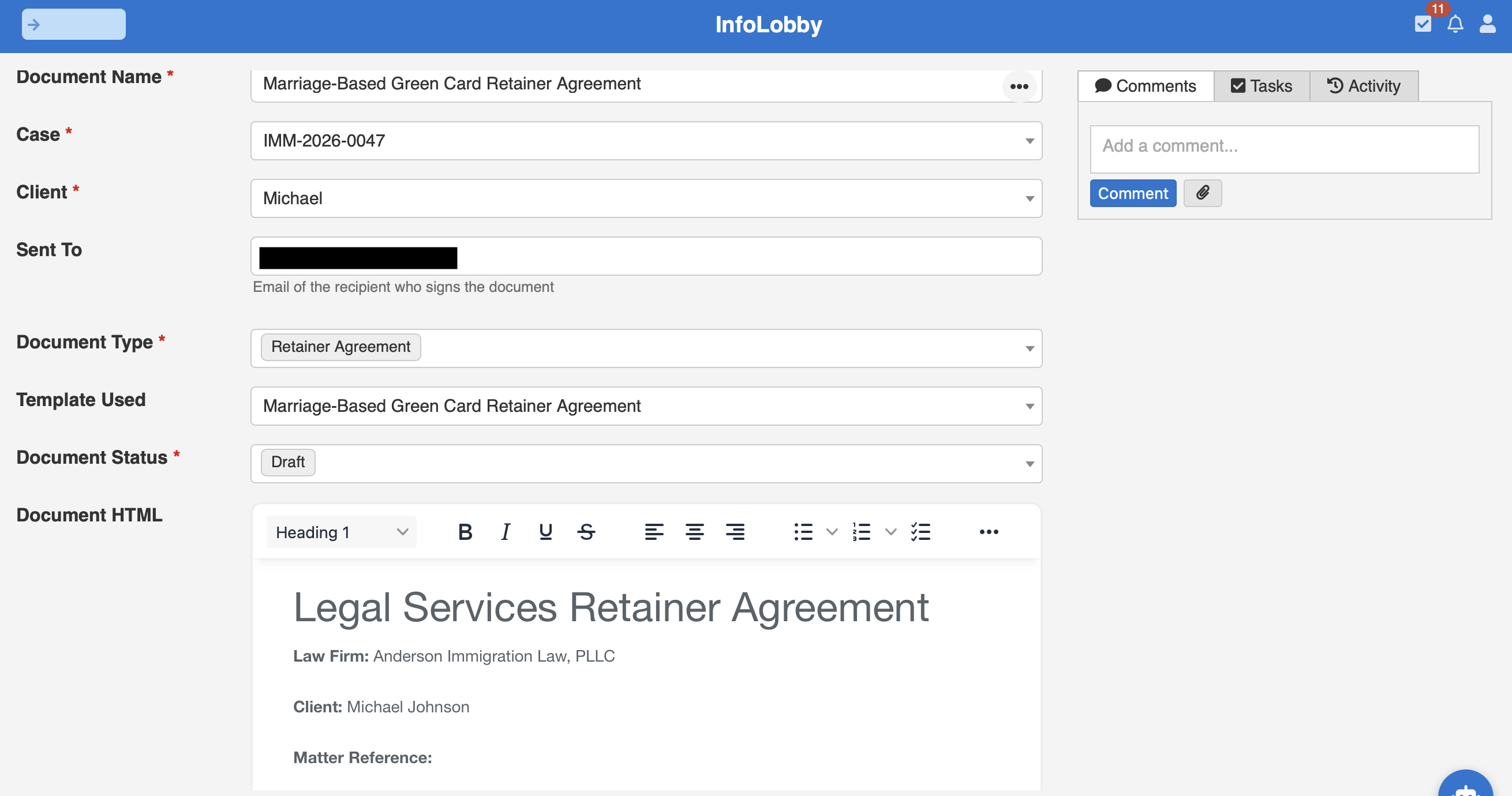 A client document record in InfoLobby holding the retainer agreement as editable HTML, linked to the case and client, with document status Draft