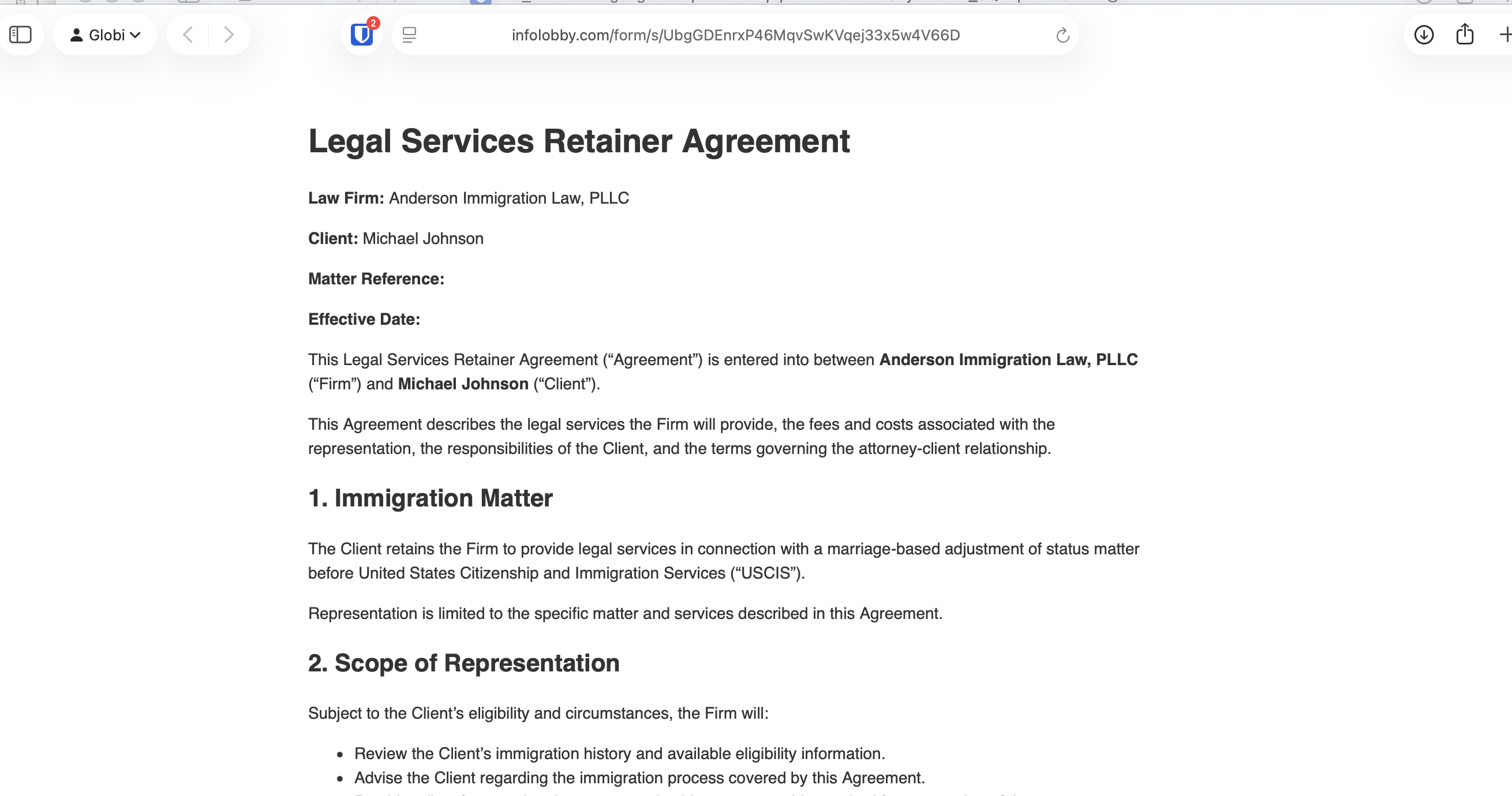 The public sign form showing the full Legal Services Retainer Agreement rendered for the recipient to read