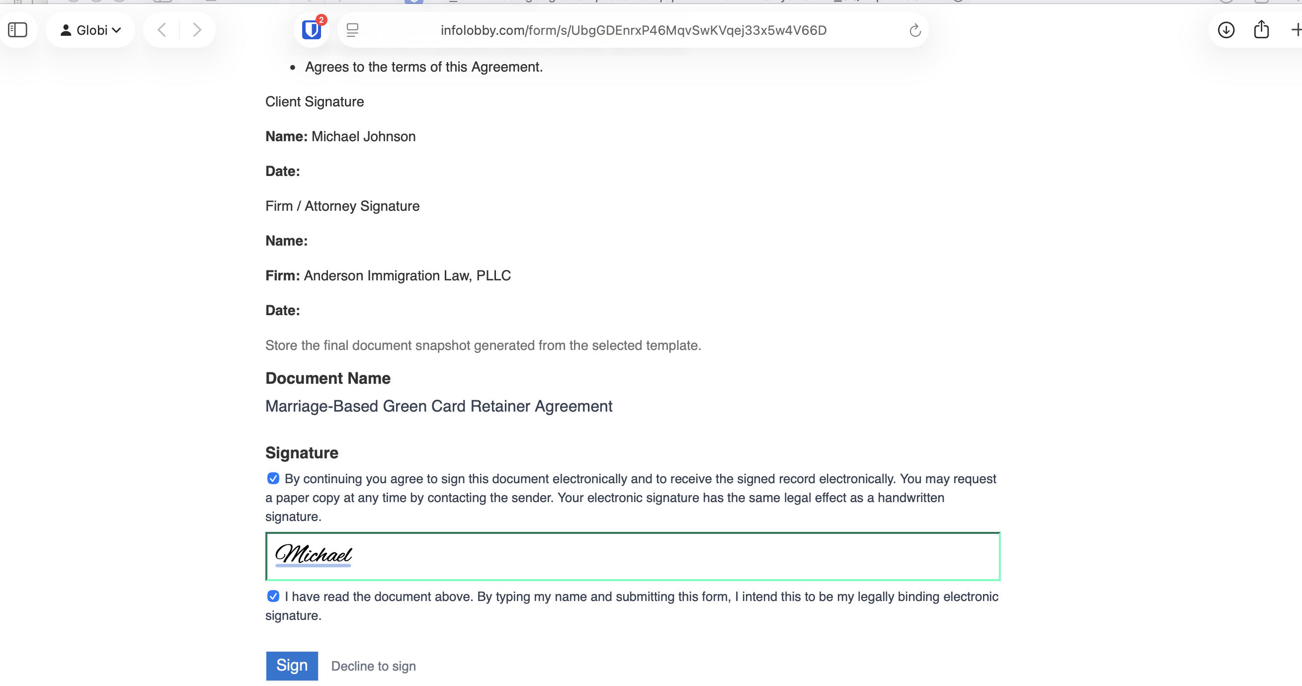 The bottom of the sign form with the consent to sign electronically checkbox, a typed signature reading Michael, the intent to sign checkbox, and a Sign button
