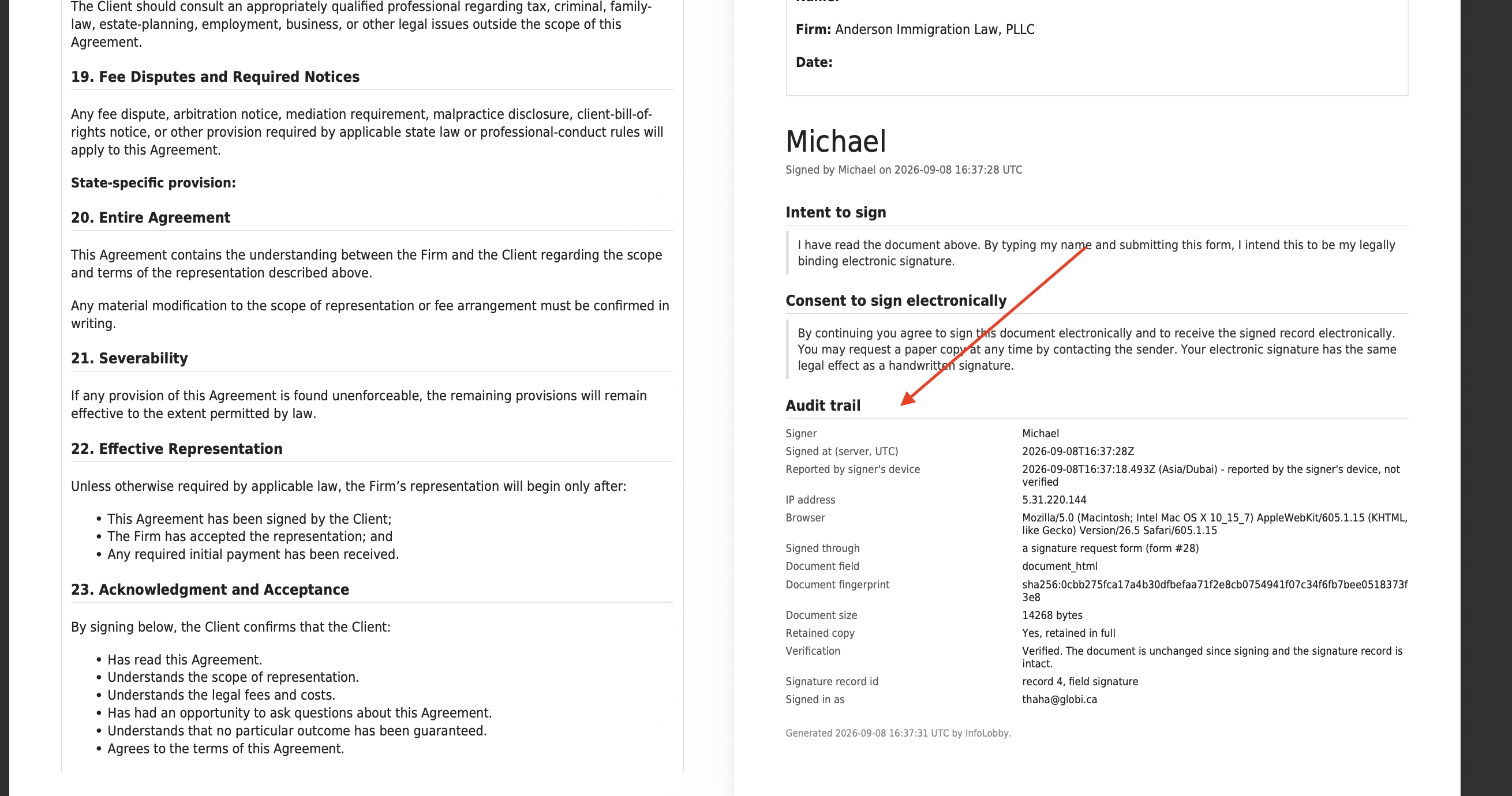 The audit trail beside the signed retainer, listing signer, server timestamp in UTC, the time reported by the signer's device, IP address, browser, the form it was signed through, a SHA-256 document fingerprint, document size, and a retained copy marked Yes