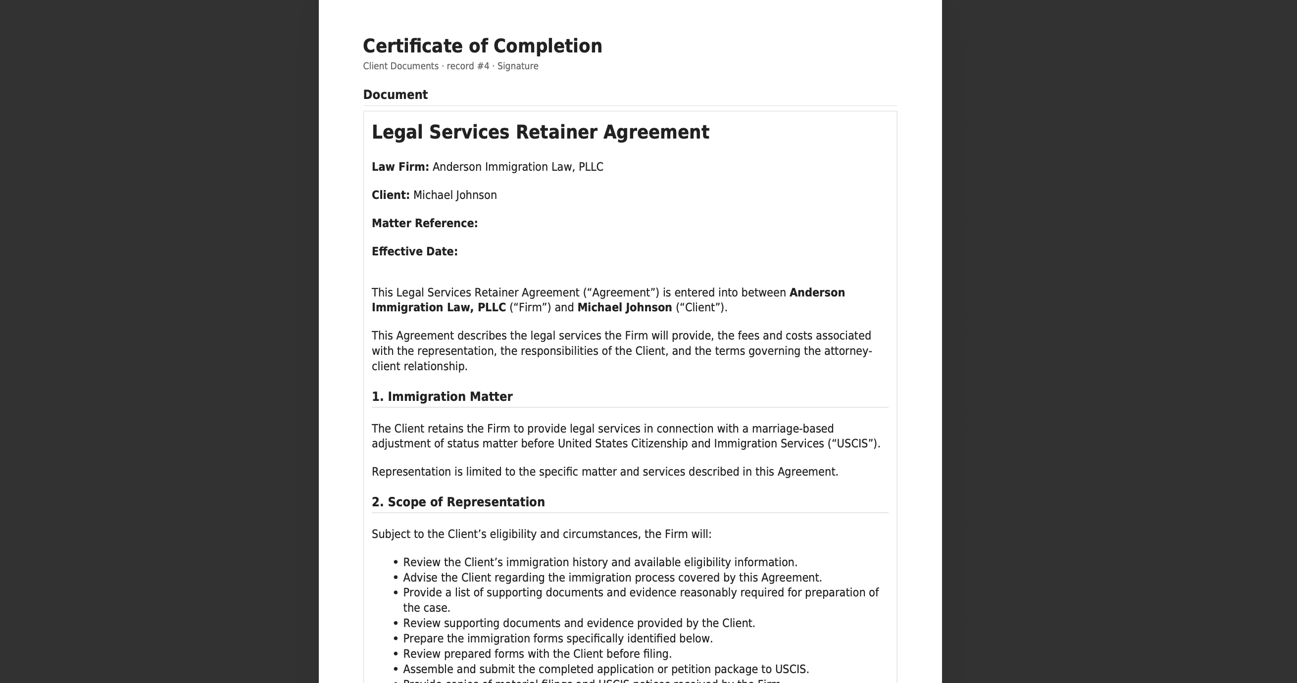 A certificate of completion headed Client Documents record #4 Signature, reproducing the Legal Services Retainer Agreement in full with no warning banner