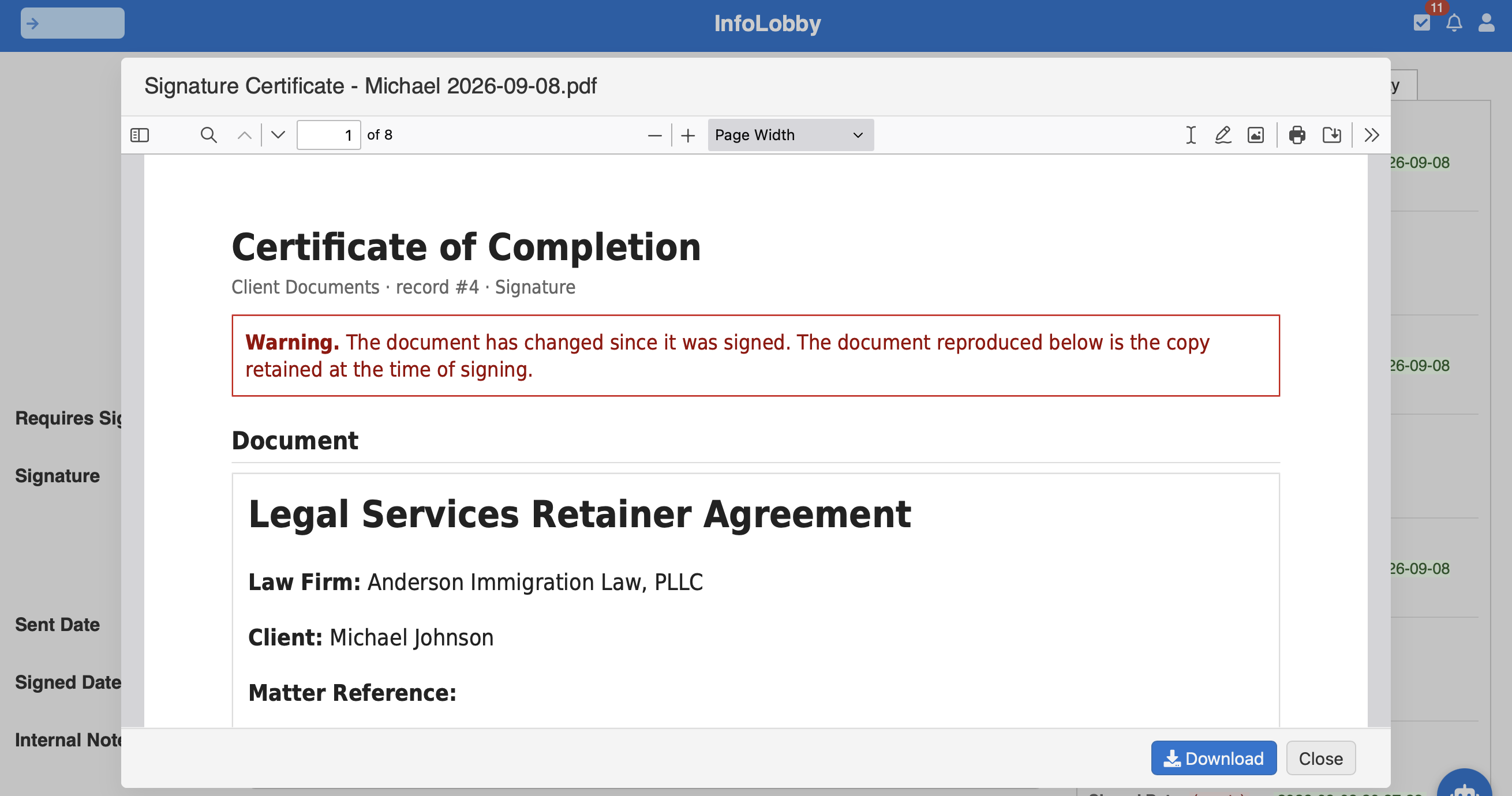 The certificate of completion reopened after the edit, headed by a red warning that the document has changed since it was signed and that the copy reproduced below is the one retained at signing