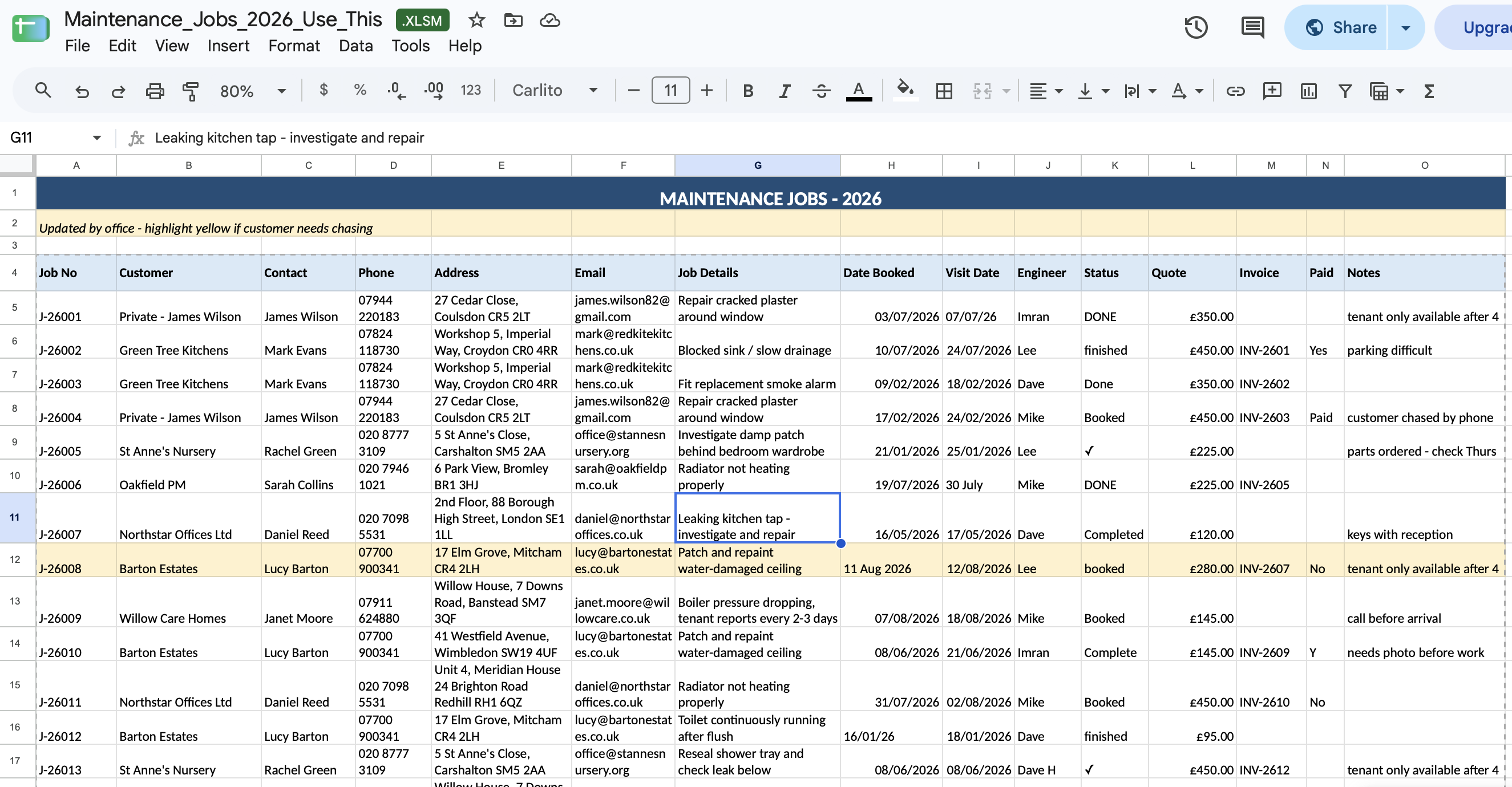 A maintenance jobs spreadsheet with merged title rows, repeated customer details on every row, dates in mixed formats and a Status column containing DONE, finished, Done, Completed, Complete and a tick mark